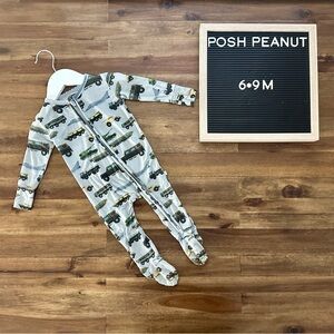 Posh Peanut Cash Footie Zippered One Piece 6/9 M Gray Green Bamboo Military Cars